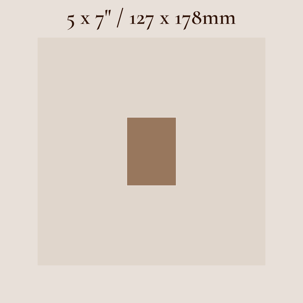 A color swatch graphic showing a square sample of medium brown centered on a light beige background, with text at the top reading 5 x 7" / 127 x 178mm.