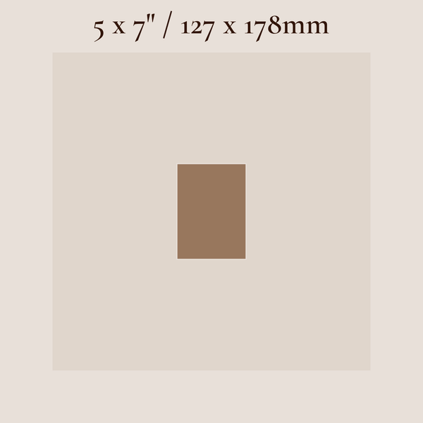 A color swatch graphic showing a square sample of medium brown centered on a light beige background, with text at the top reading 5 x 7" / 127 x 178mm.