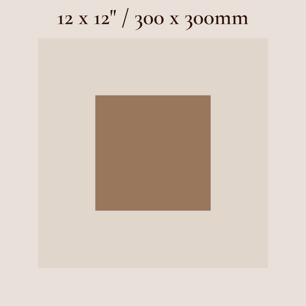 A color swatch graphic showing a centered square in a warm medium brown shade, surrounded by a light beige field with text at the top reading '12 x 12" / 300 x 300mm'.