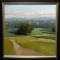 A framed landscape oil painting featuring a green field with a dirt path leading to a cluster of trees, with a distant city skyline under a blue and white sky. The painting is housed in a black frame with a gold inner border.