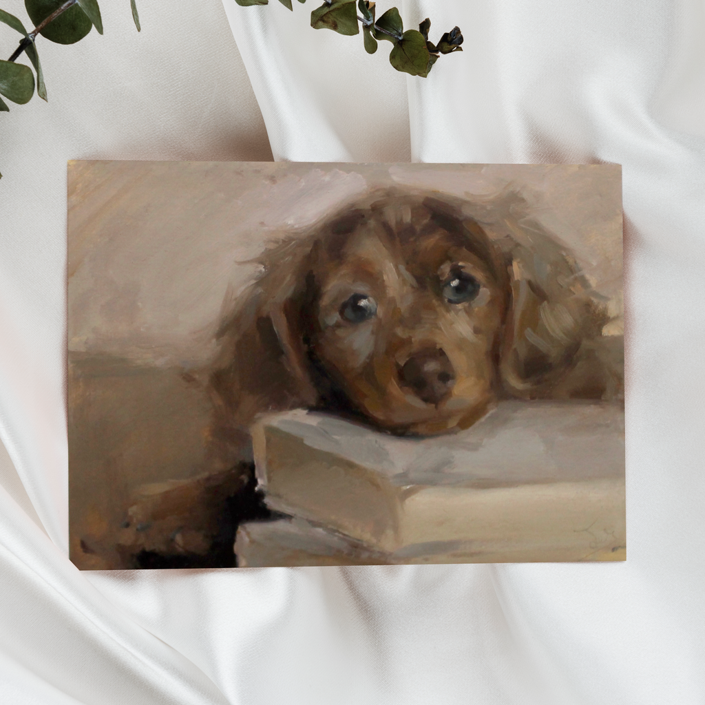 Painting of a dog peeking out from behind a book on a white background