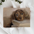 Painting of a dog peeking out from behind a book on a white background