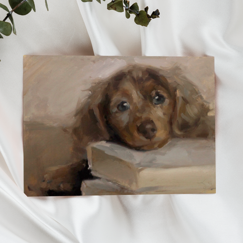Painting of a dog peeking out from behind a book on a white background