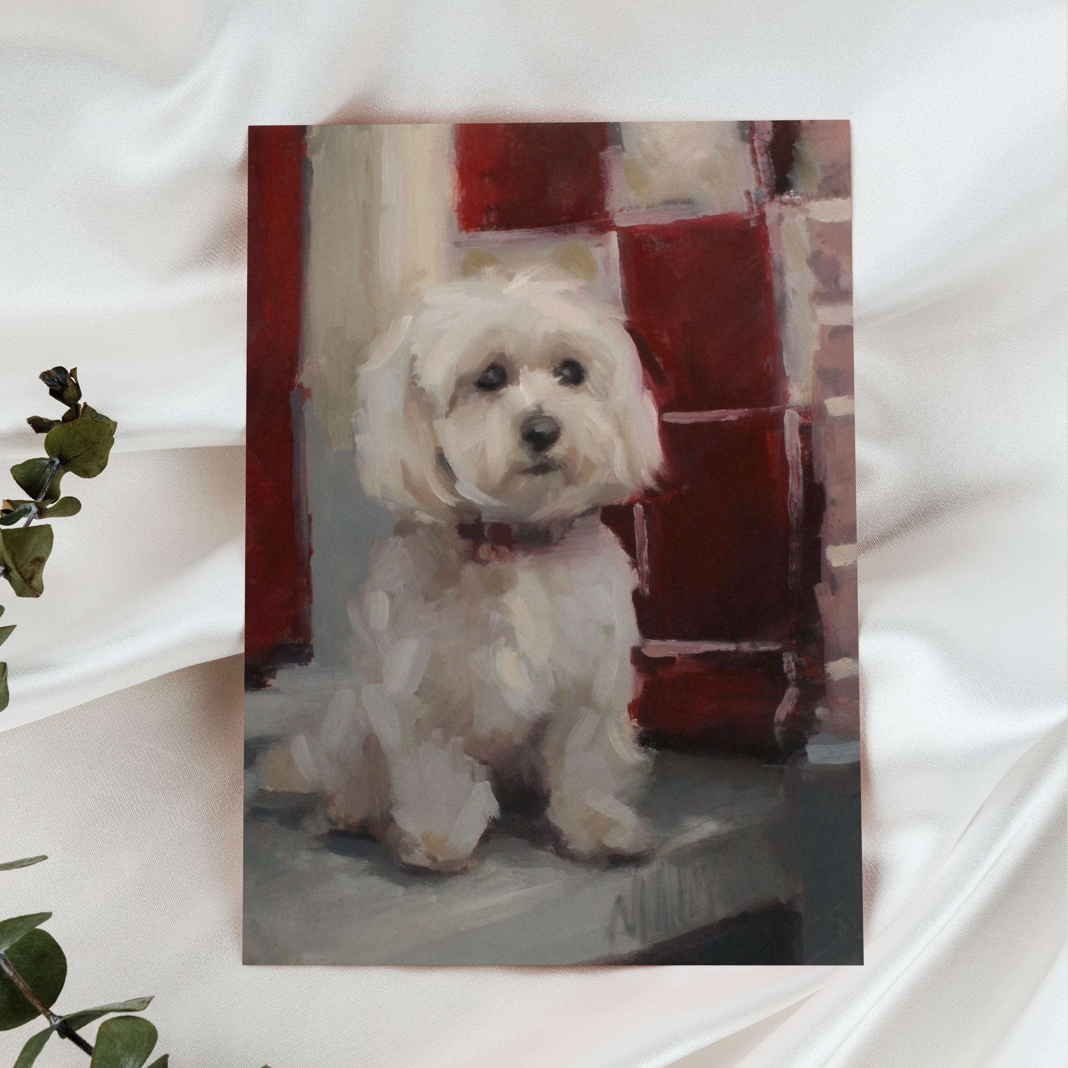 Painting of a small white dog with a red checkered curtain in the background