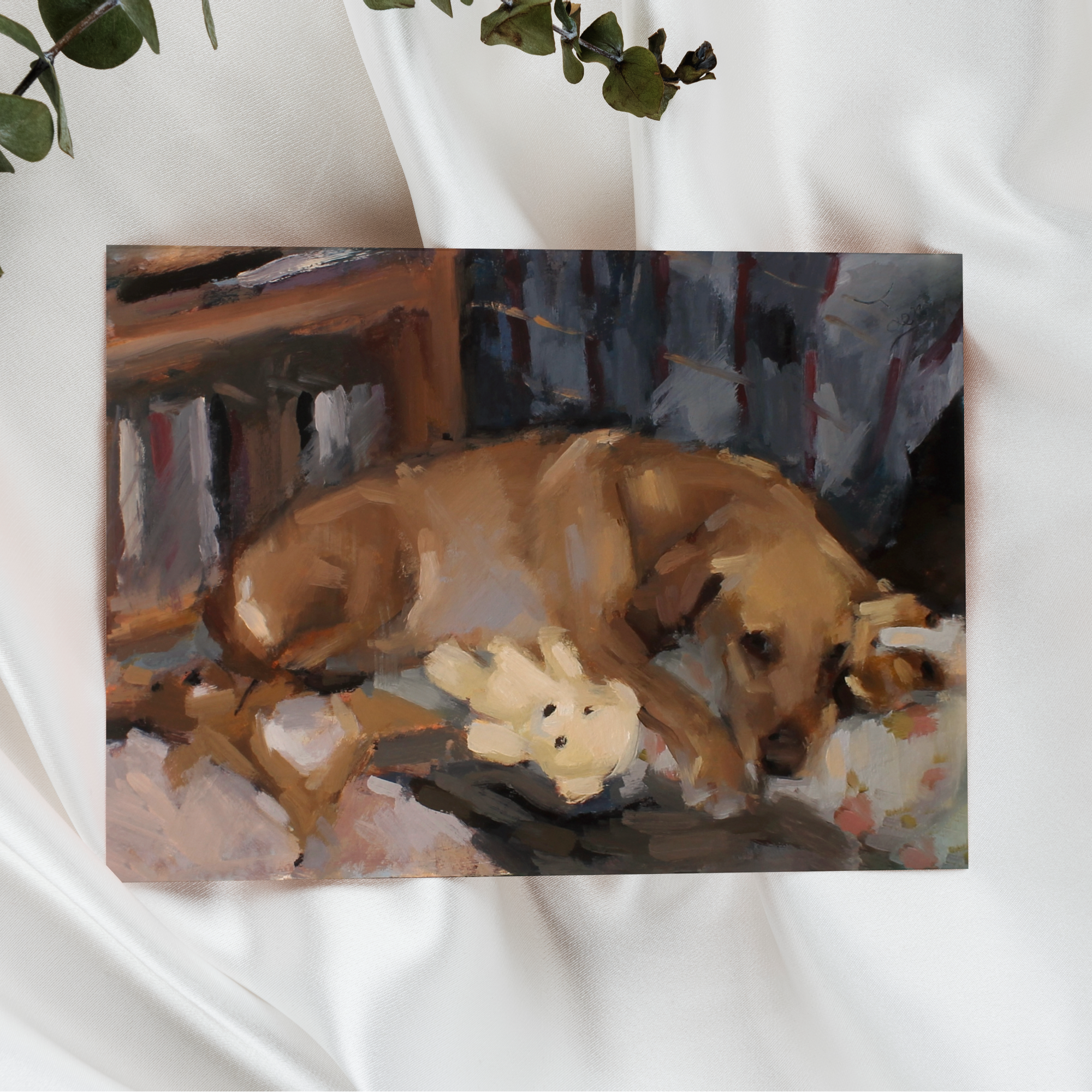 Painting of a dog with a teddy bear on a couch