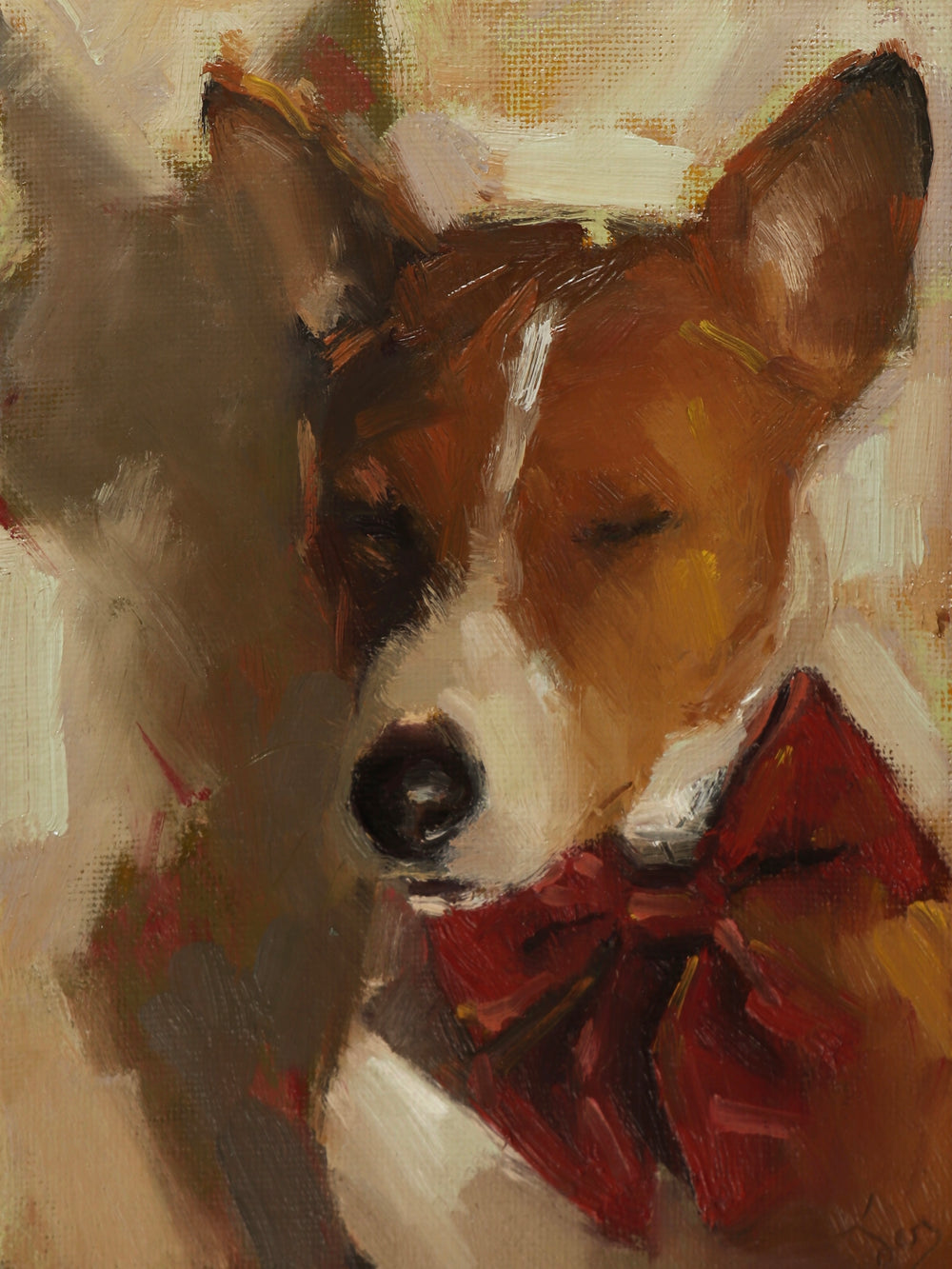 An impressionistic oil painting of a dog with closed eyes, wearing a red bow tie, rendered in warm brown, cream, and red tones.