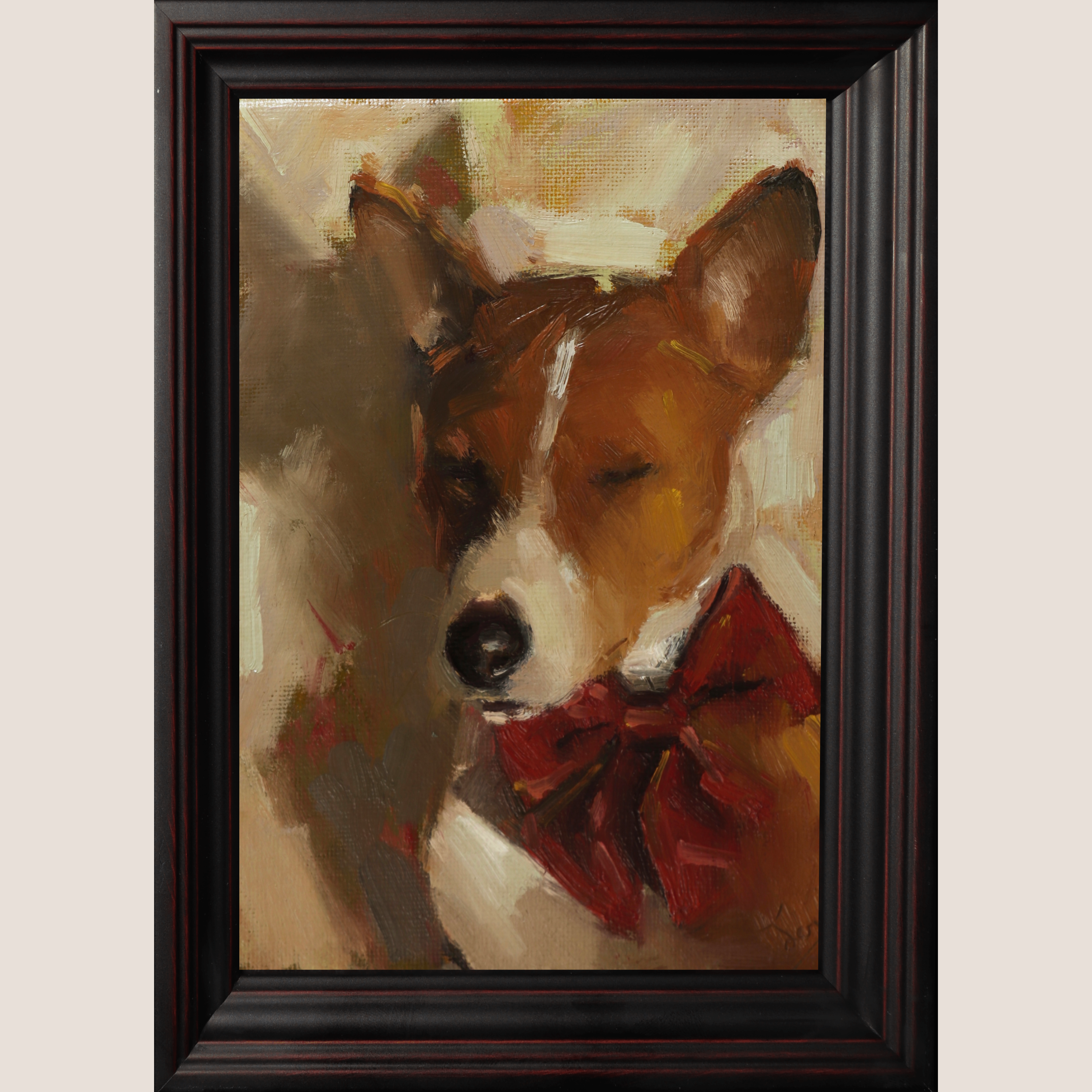 A framed oil painting depicting two gray dogs resting on a beige floor against a muted green background, enclosed in a dark brown wooden frame.