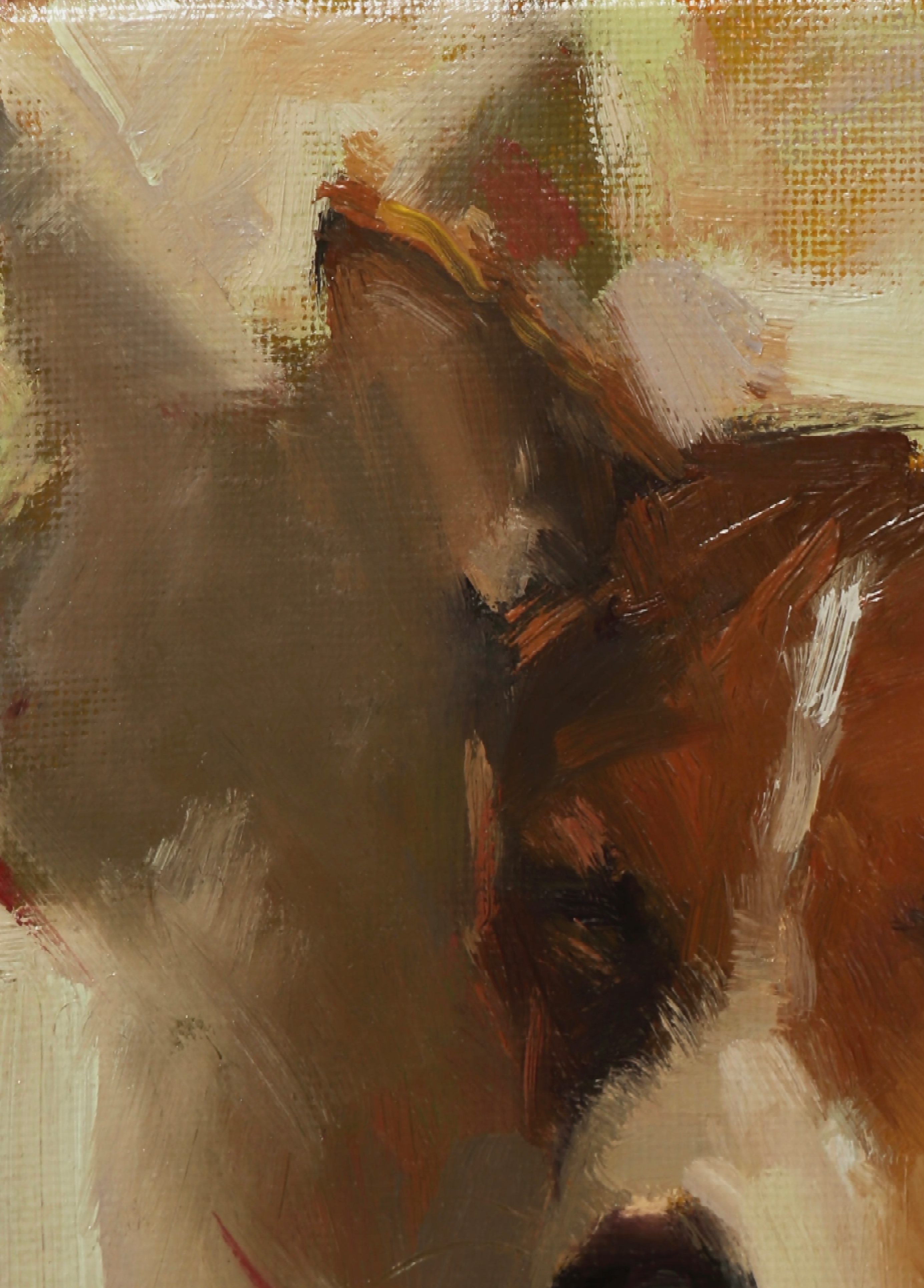 Abstract close-up painting of a horse head in warm earth tones, with visible canvas texture and brushstrokes in brown, beige, cream, and orange.