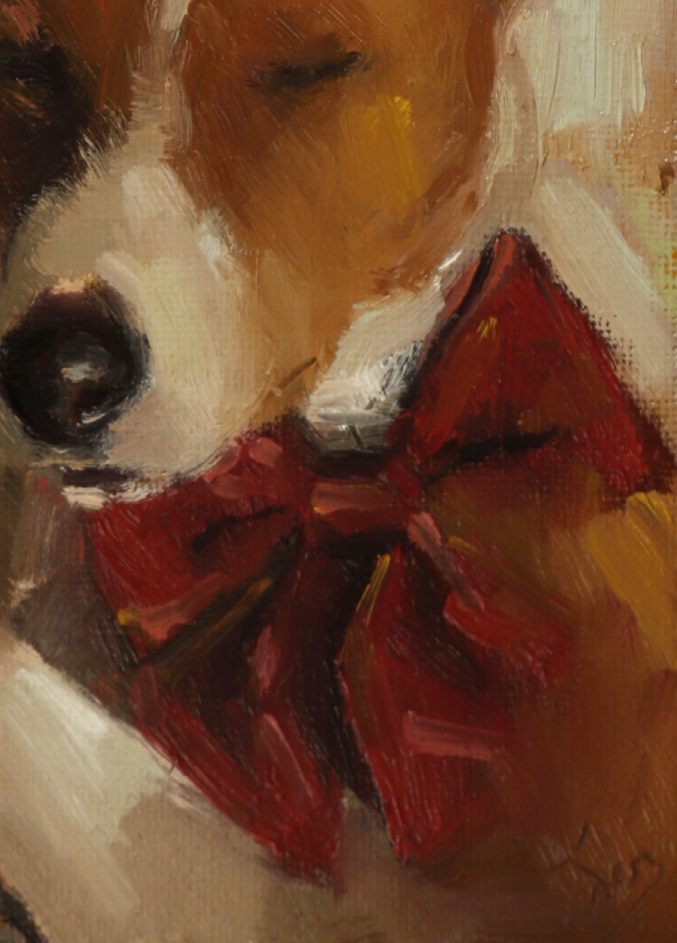 An oil painting close-up of a dog's face wearing a large red bow tie, rendered in warm brown, beige, white, and red tones.