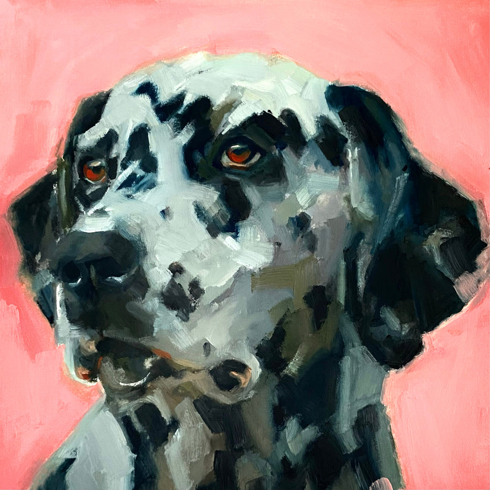 Artistic depiction of a dog's face with a pink background