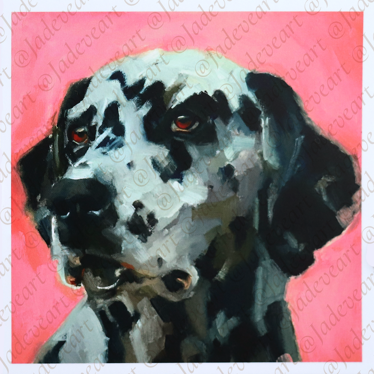 A stylized painted portrait of a black-and-white dog, likely a Dalmatian, set against a bright pink background. The artwork fills most of the frame, with a narrow white border around it.