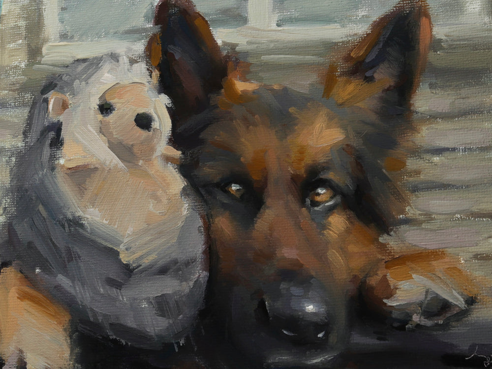 Painting of a German Shepherd dog holding a teddy bear