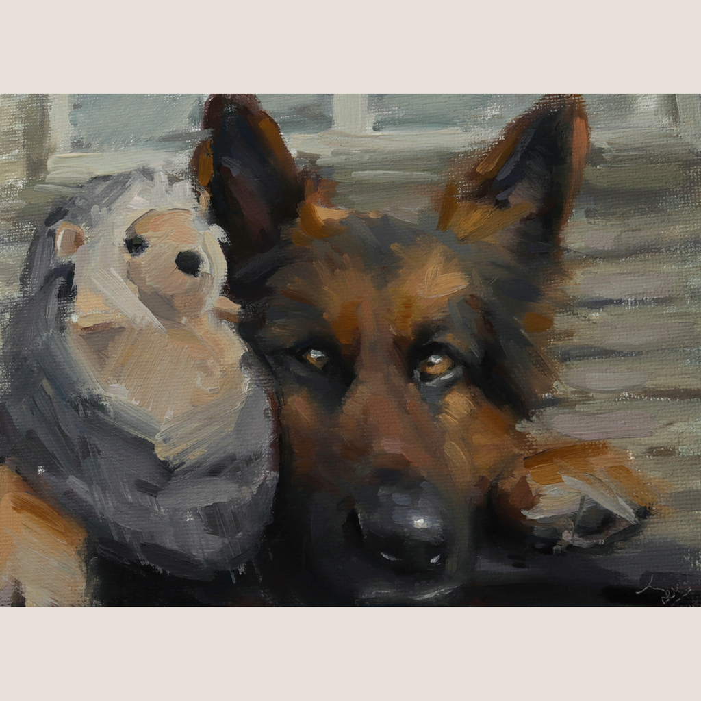 An impressionistic painting of a German Shepherd dog resting beside a gray stuffed animal, with a light beige border around the artwork.