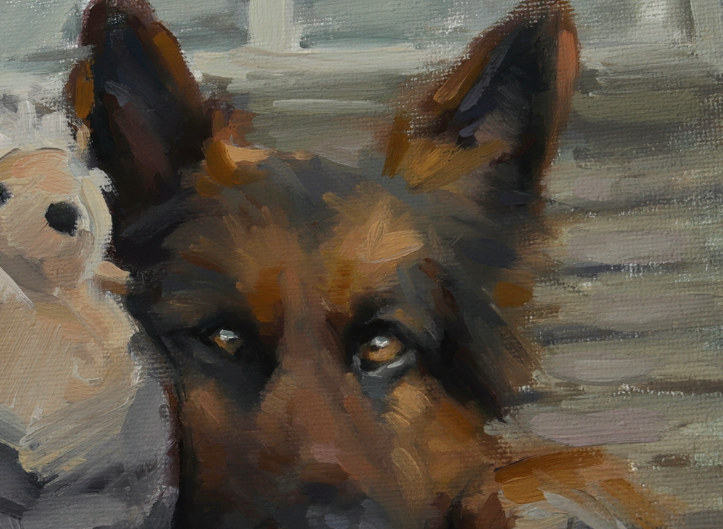 A close-up oil painting of a German Shepherd dog's face, showing detailed brushstrokes in brown, black, and tan, with a soft gray background and part of a light-colored plush toy visible on the left.
