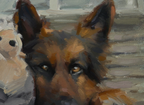 A close-up oil painting of a German Shepherd dog's face, showing detailed brushstrokes in brown, black, and tan, with a soft gray background and part of a light-colored plush toy visible on the left.
