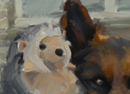 An impressionistic oil painting of a dog and a small stuffed animal, rendered in warm browns, beiges, and soft gray tones with visible brushstrokes.