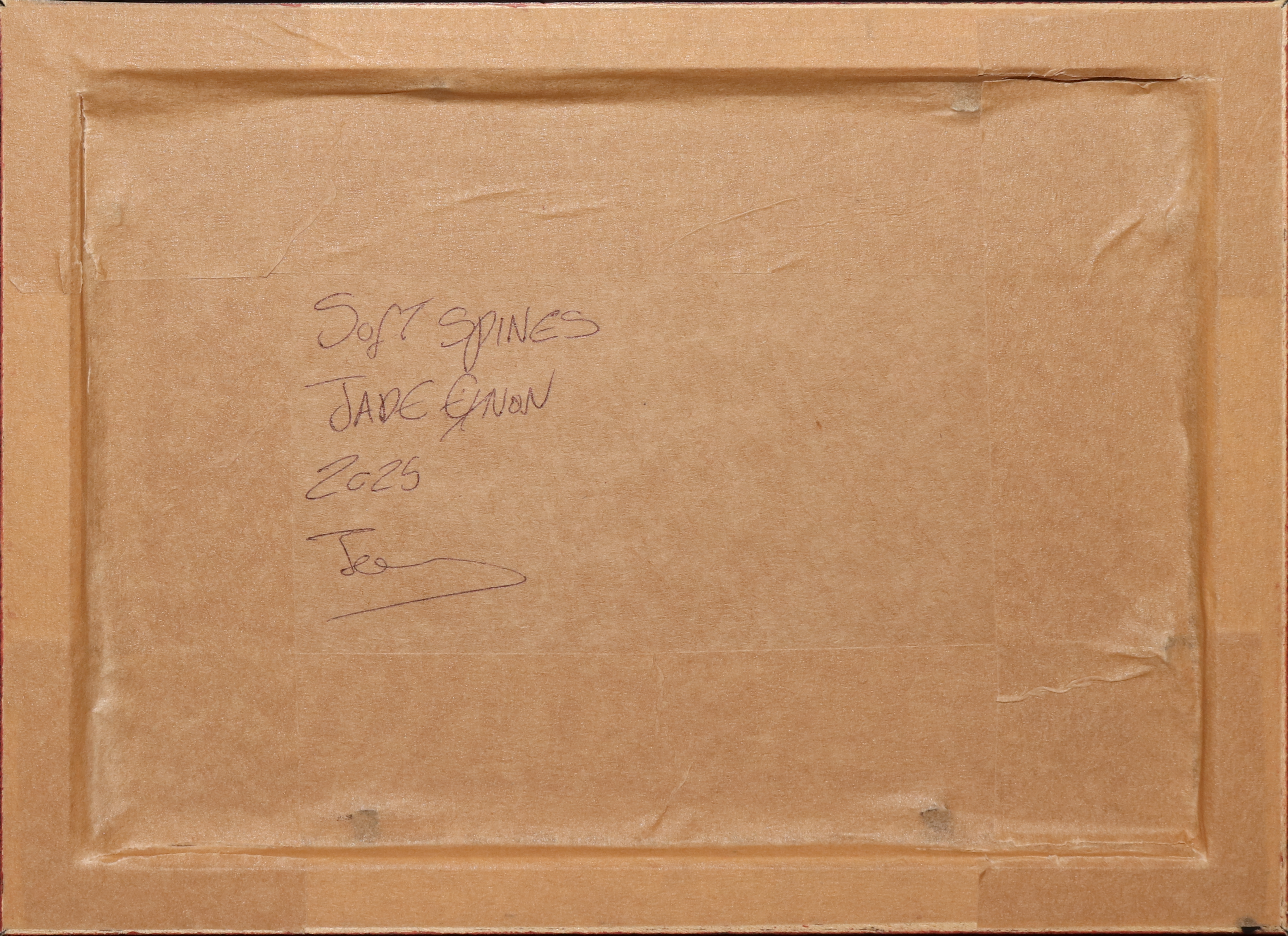 The back of a square cardboard box with handwritten text in pencil reading 'Soft Spines', 'JADE GRAM', '2025', and a signature.
