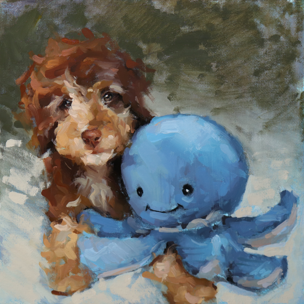An impressionistic painted portrait of a brown dog resting beside a blue stuffed octopus toy, rendered in broad brushstrokes on a muted green and white background.