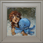A framed custom oil painting featuring a brown and white puppy hugging a blue octopus toy, set in a light gray frame.