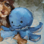 A painted artwork showing a brown dog beside a round blue plush toy with a simple smiling face.