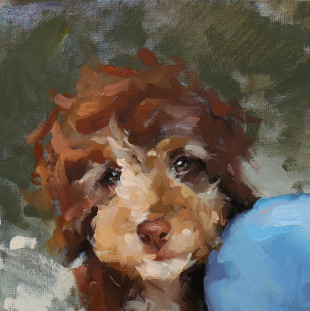 An oil painting portrait of a brown and tan dog with curly fur, shown in a close-up view against a textured dark green and gray background.