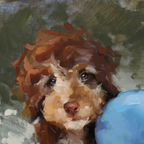 An oil painting portrait of a brown and tan dog with curly fur, shown in a close-up view against a textured dark green and gray background.