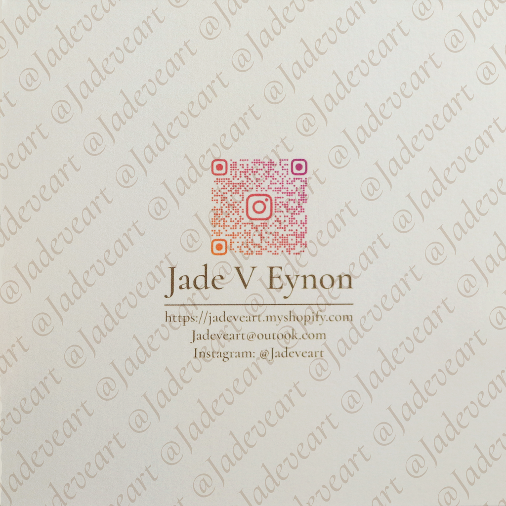 A square cream-colored card or print featuring a central QR code made from pink and orange Instagram-style icons, with the text 'Jade V Eyon' and smaller website and social details below. The background is covered in a repeating diagonal watermark reading '@Jadeveart'.