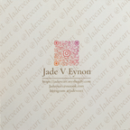 A square cream-colored card or print featuring a central QR code made from pink and orange Instagram-style icons, with the text 'Jade V Eyon' and smaller website and social details below. The background is covered in a repeating diagonal watermark reading '@Jadeveart'.