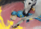 An impressionistic oil painting of a white dog wearing a blue harness, holding a yellow ball, set against a pink and yellow background.