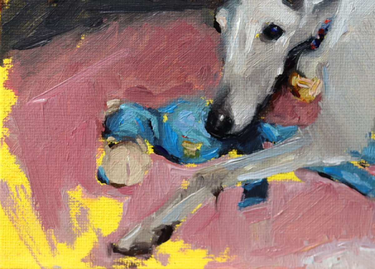An impressionistic oil painting of a white dog wearing a blue harness, holding a yellow ball, set against a pink and yellow background.