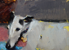 An impressionistic oil painting of a white and black dog, likely an Italian Greyhound, rendered with textured brushstrokes in grey, white, black, yellow, blue, and red.