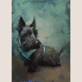A painted portrait of a black dog wearing a teal bandana, rendered in expressive brushstrokes on a muted green and brown background.