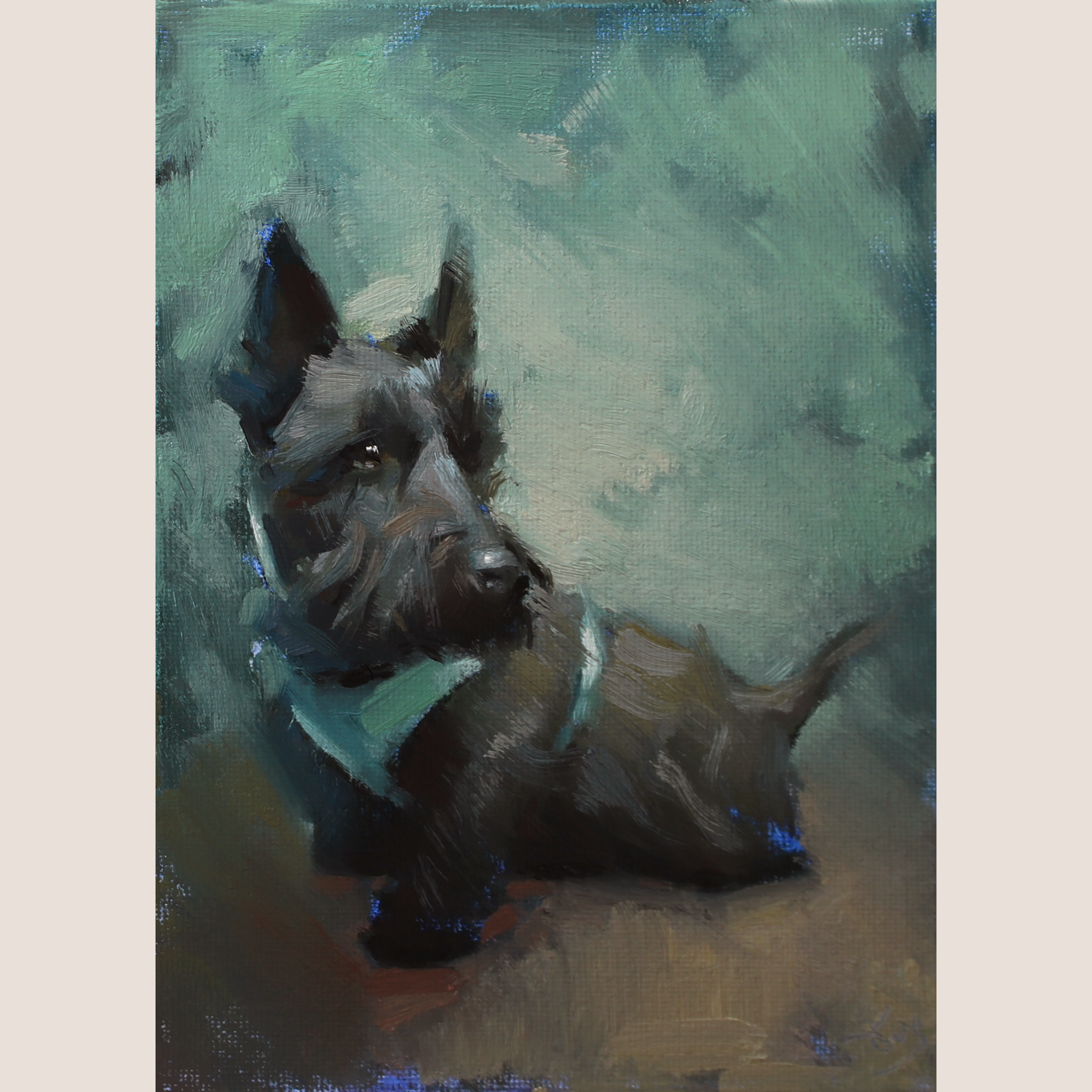 A painted portrait of a black dog wearing a teal bandana, rendered in expressive brushstrokes on a muted green and brown background.