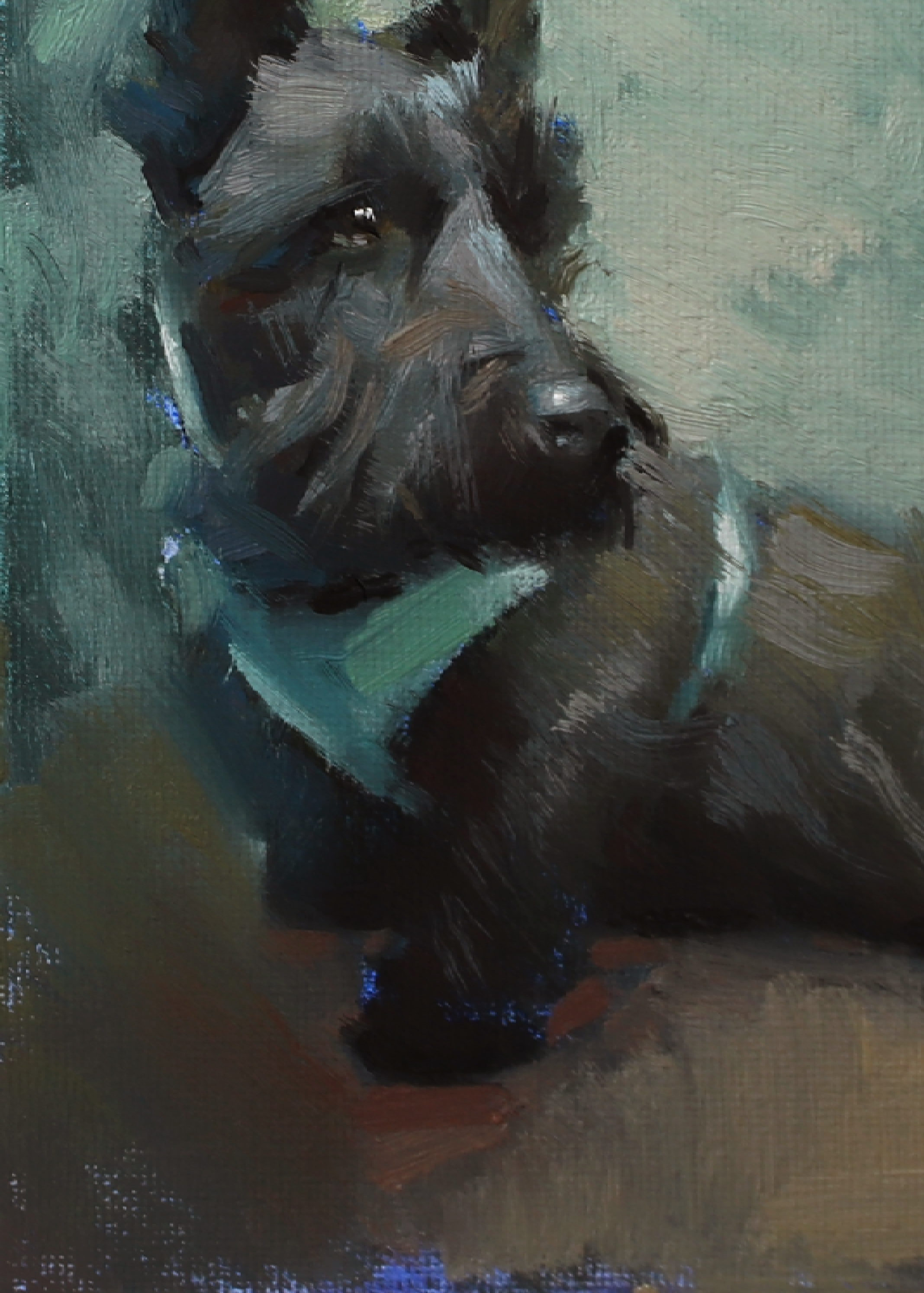 An impressionistic oil painting of a black and gray Scottish Terrier dog wearing a teal bandana, set against a muted teal and brown background.