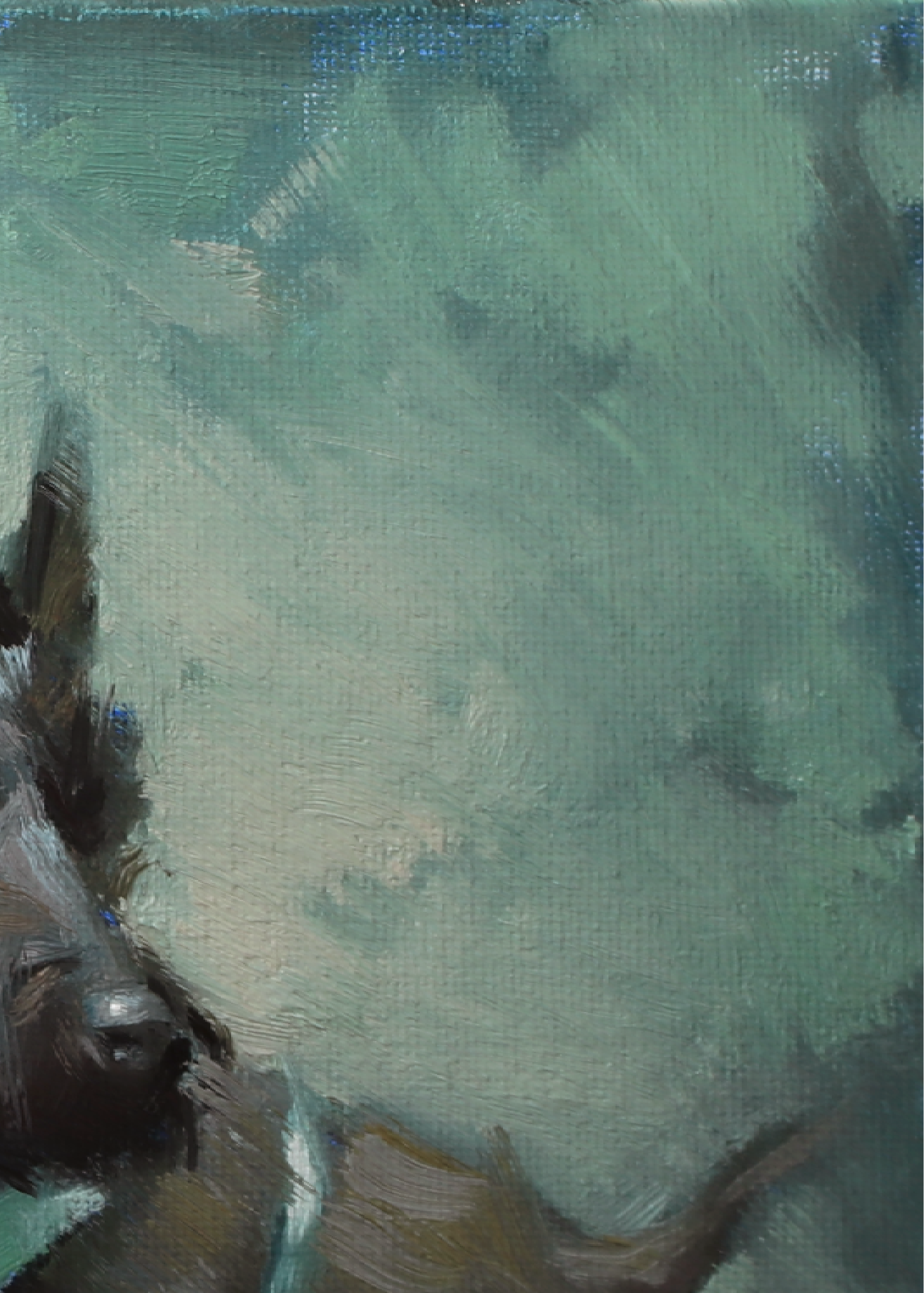 An oil painting detail showing a dark brown dog's head and neck against a textured, expressive background of muted green, gray, and blue brushstrokes.