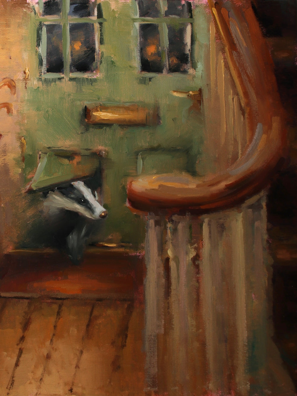 Badger holding an umbrella on a staircase