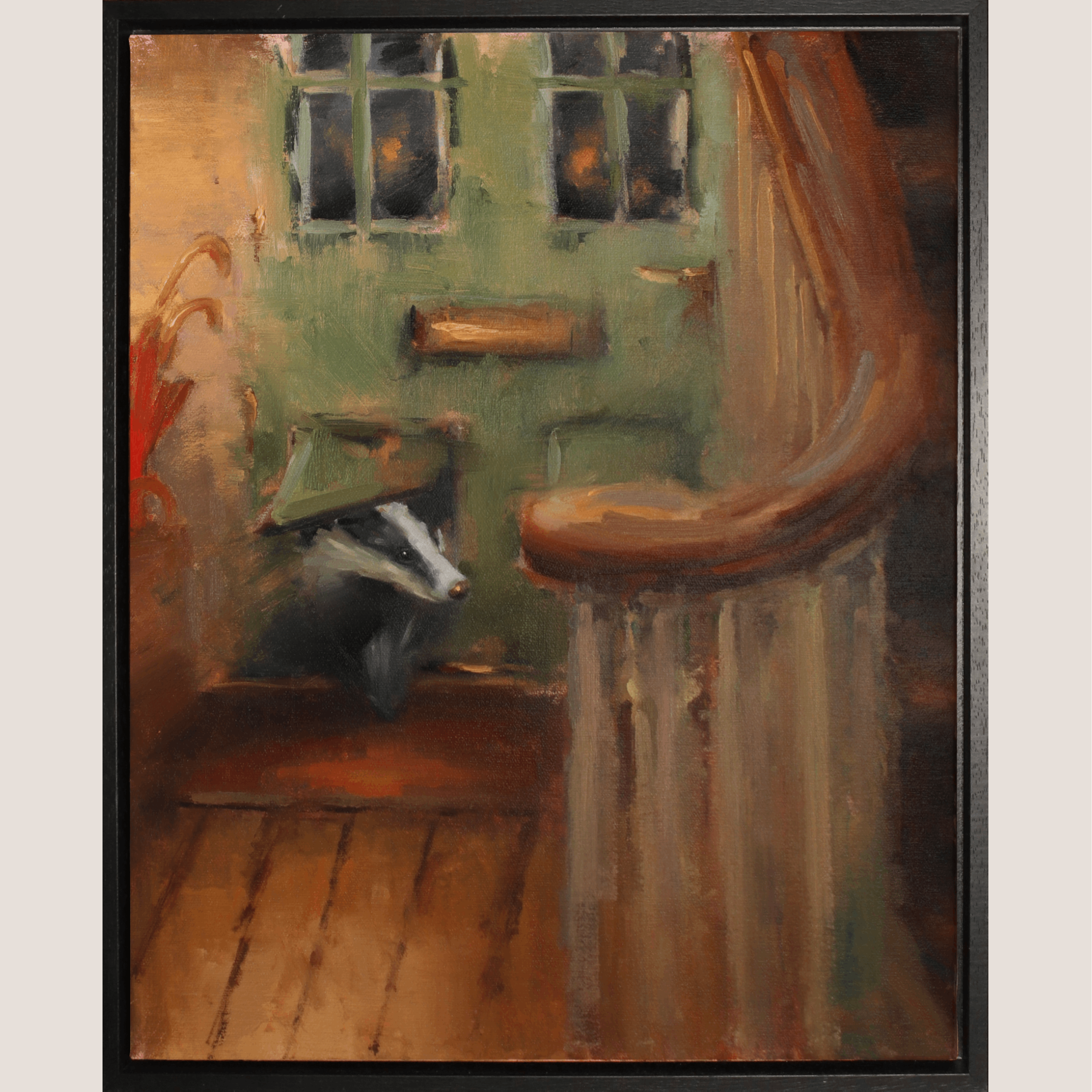 A framed painting depicting a badger wearing a green hat peeking through a pet door in a rustic house with a green door, wooden stairs, and warm brown tones.
