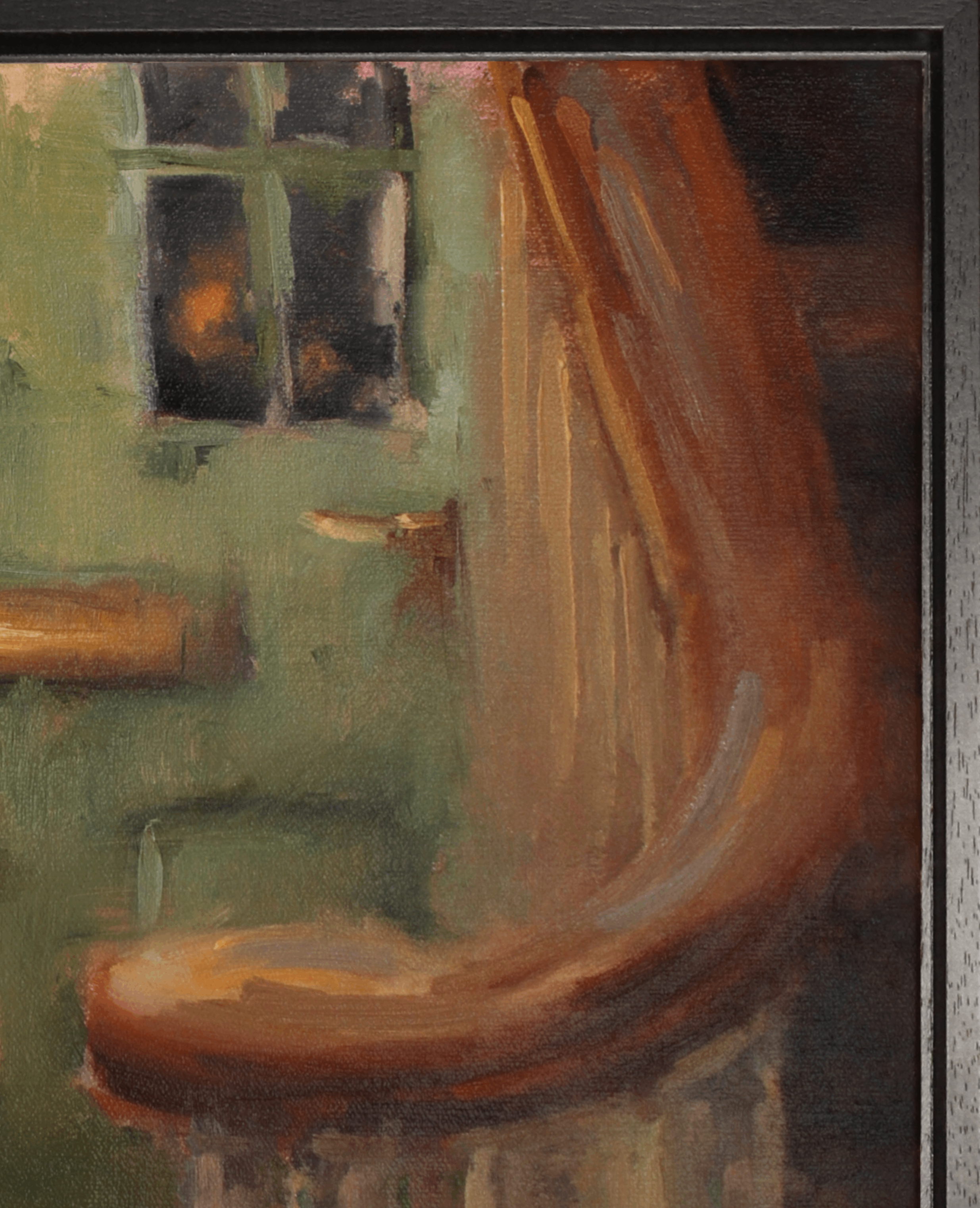A close-up of a framed painting depicting a warm brown wooden chair in front of a textured green wall with a dark window.