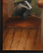 An oil painting of a badger peeking over a wooden ledge in a warm-toned interior, framed by a black border.