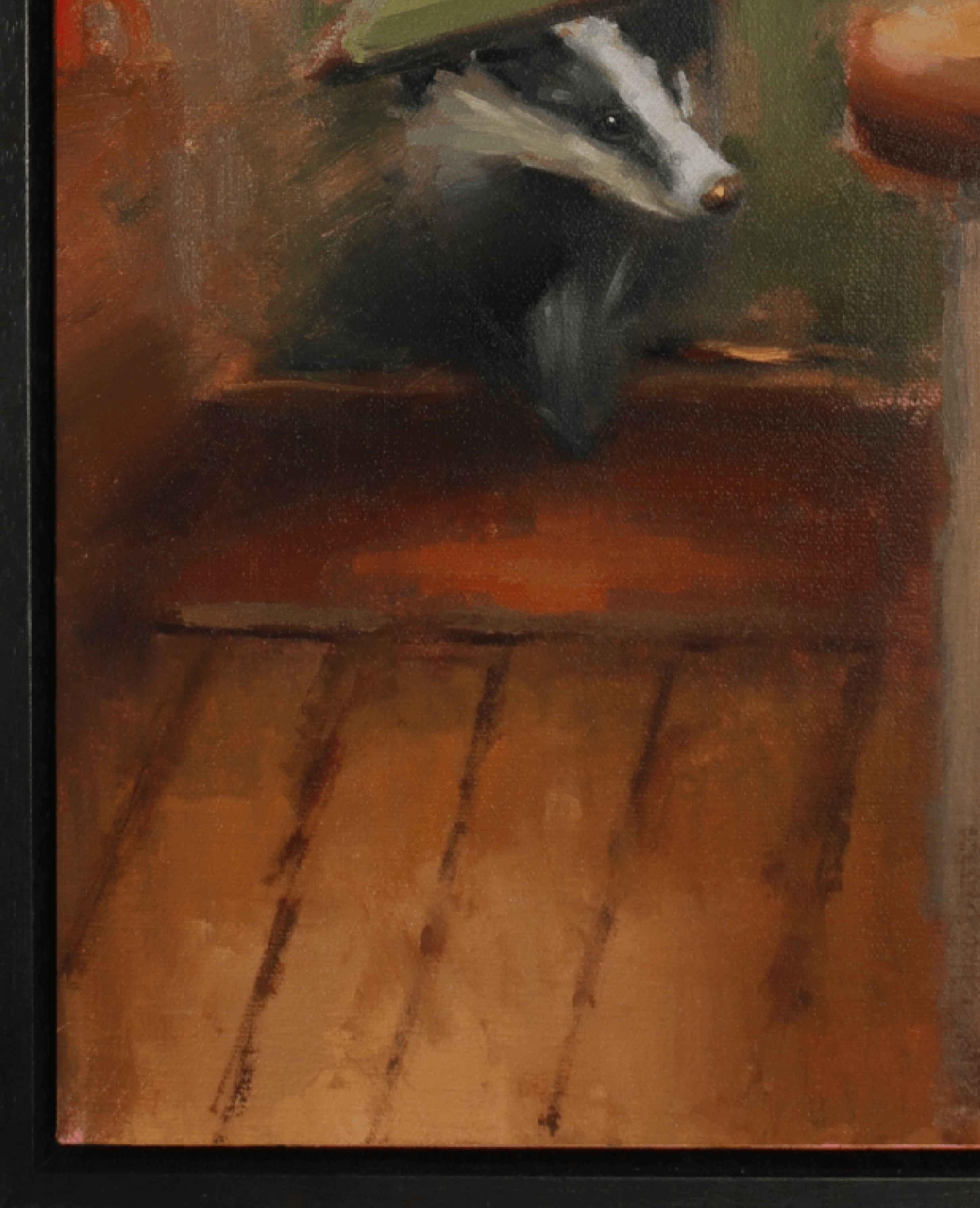 An oil painting of a badger peeking over a wooden ledge in a warm-toned interior, framed by a black border.