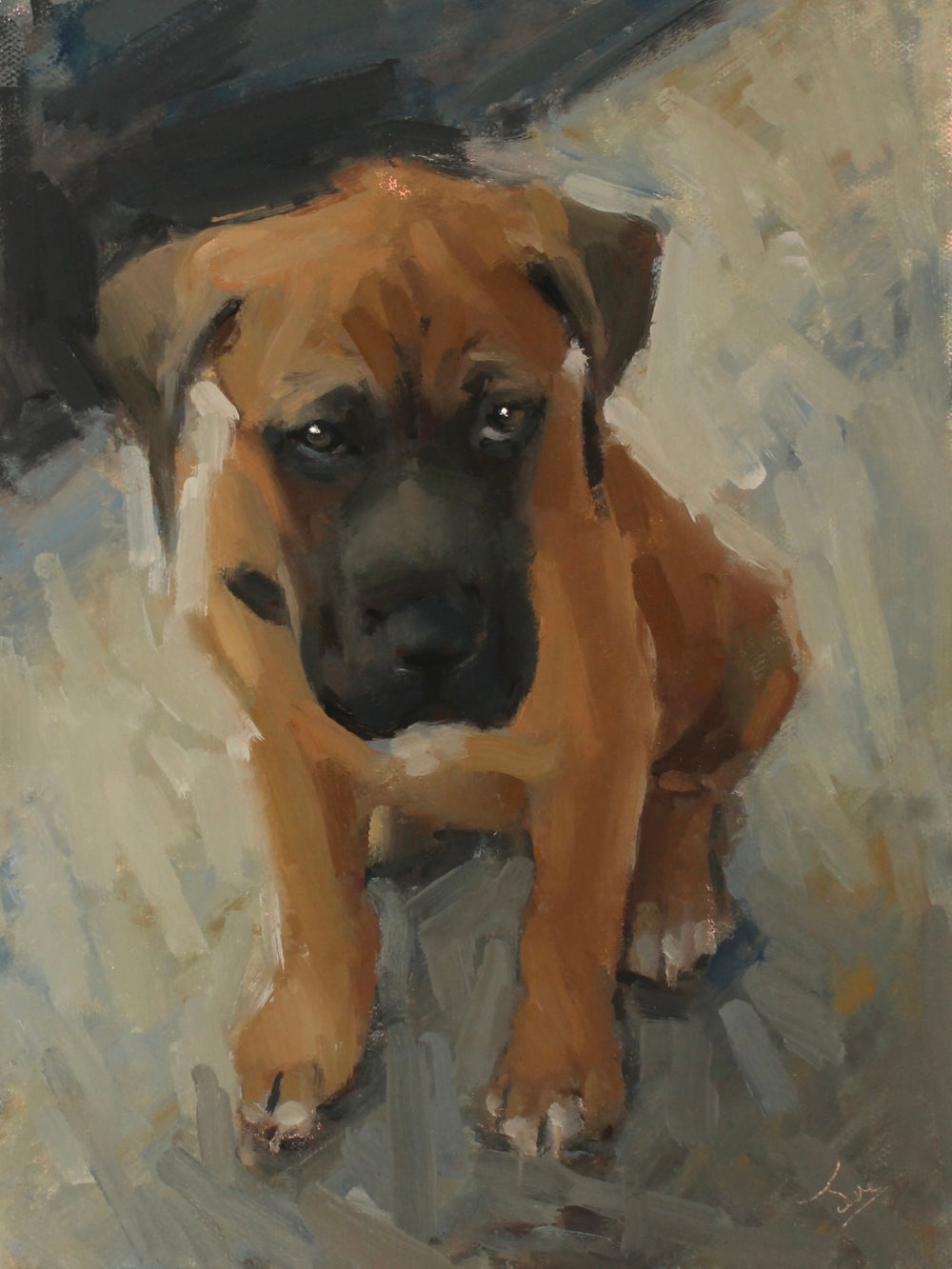 Painting of a boxer dog with a textured background