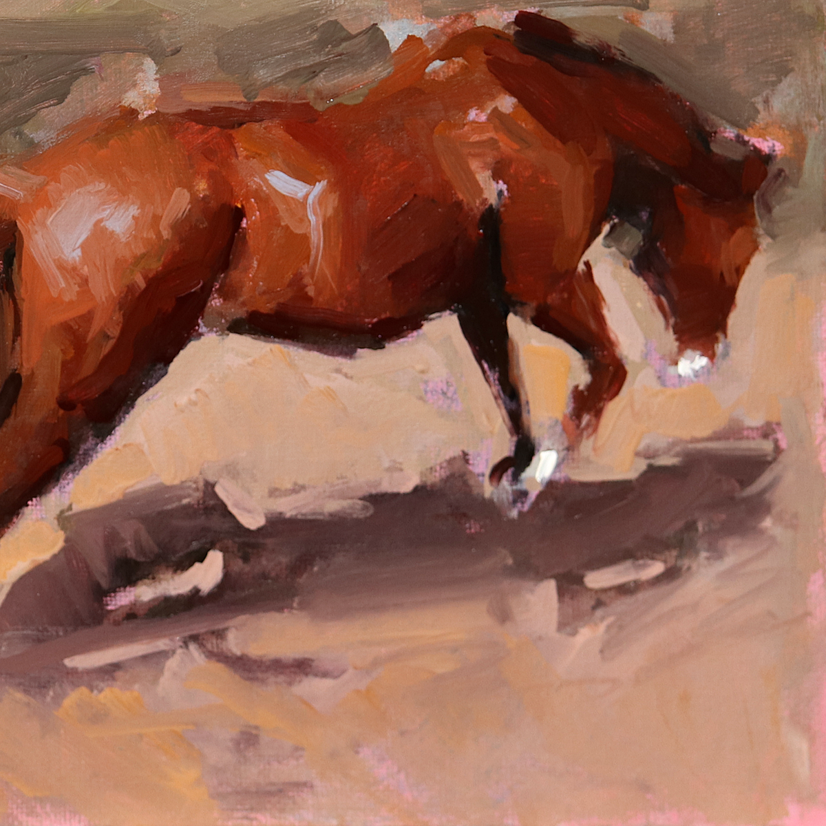 An impressionistic painting of a brown horse in profile, rendered with visible brushstrokes in warm brown, tan, beige, and dark shadow tones.