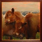 A framed oil painting depicting two brown cows in a field under a warm, peach-toned sky, enclosed in a dark brown wooden frame with a gold inner border.
