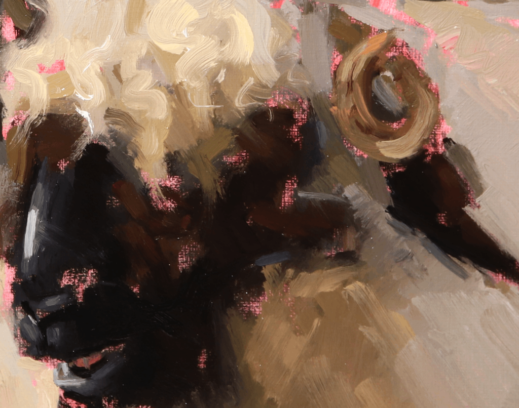 Abstract oil painting with expressive brushstrokes in black, cream, tan, brown, and pink, depicting a stylized figure or form.