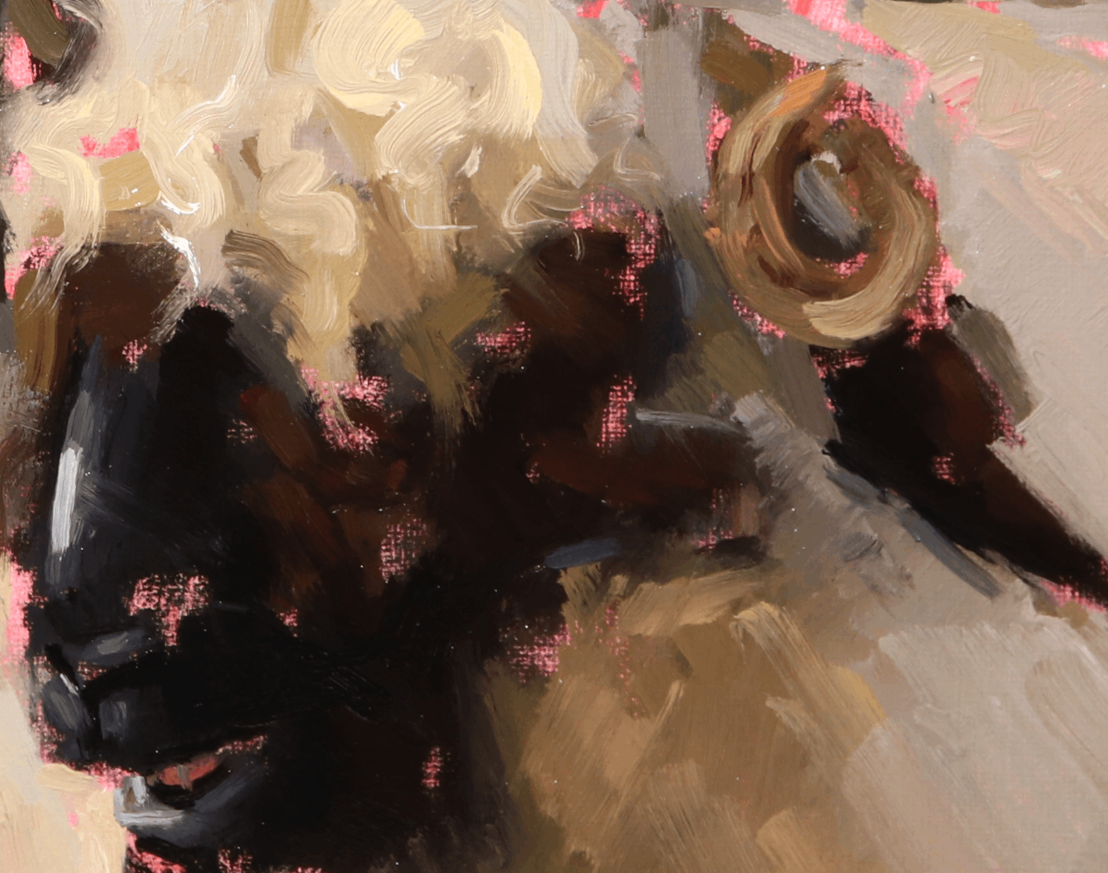 Abstract oil painting with expressive brushstrokes in black, cream, tan, brown, and pink, depicting a stylized figure or form.