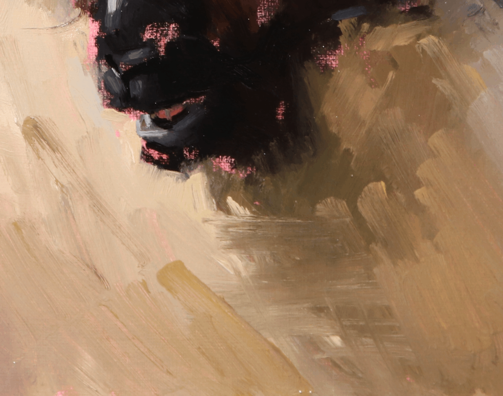 Abstract painting with expressive brushstrokes in beige, brown, black, and small pink accents.