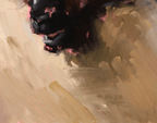Abstract painting with expressive brushstrokes in beige, brown, black, and small pink accents.