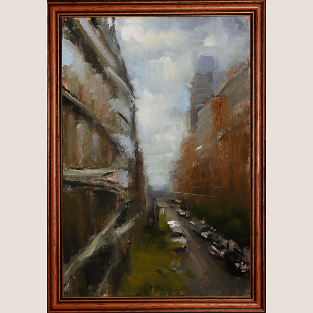 A framed oil painting depicting a tunnel scene with railway tracks, featuring a brown wooden frame against a light beige background.