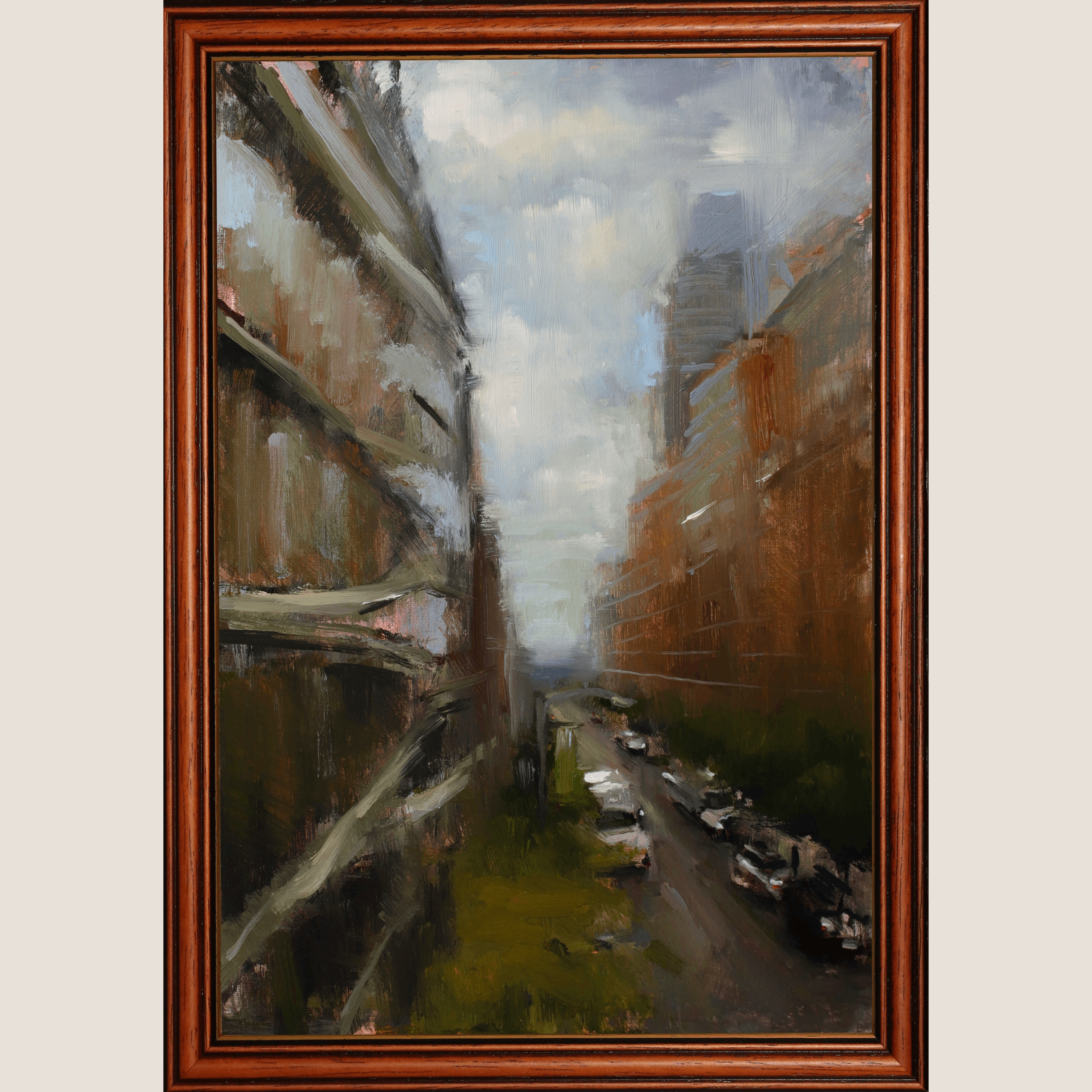 A framed oil painting depicting a tunnel scene with railway tracks, featuring a brown wooden frame against a light beige background.