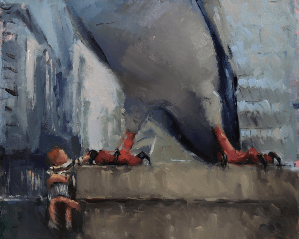 An impressionistic painting depicting a large dark blue and gray whale-like animal looming over a small seated figure on a concrete ledge, with red accents near the base.